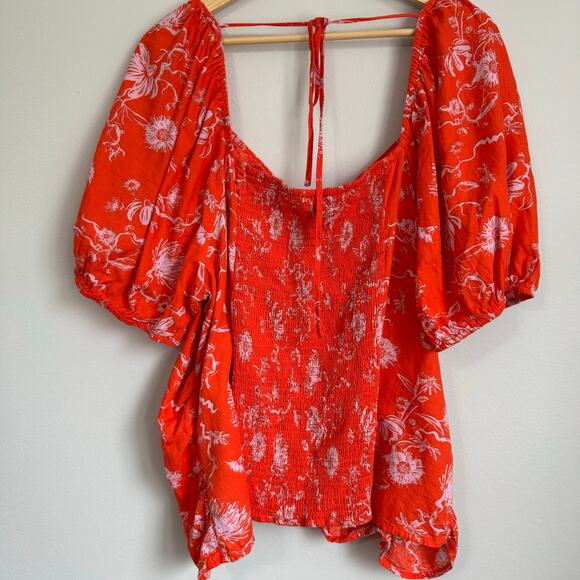 Ava & Viv Size 3X Red Floral Top Balloon Sleeve Smocked Flirty Coquette - Picture 7 of 11